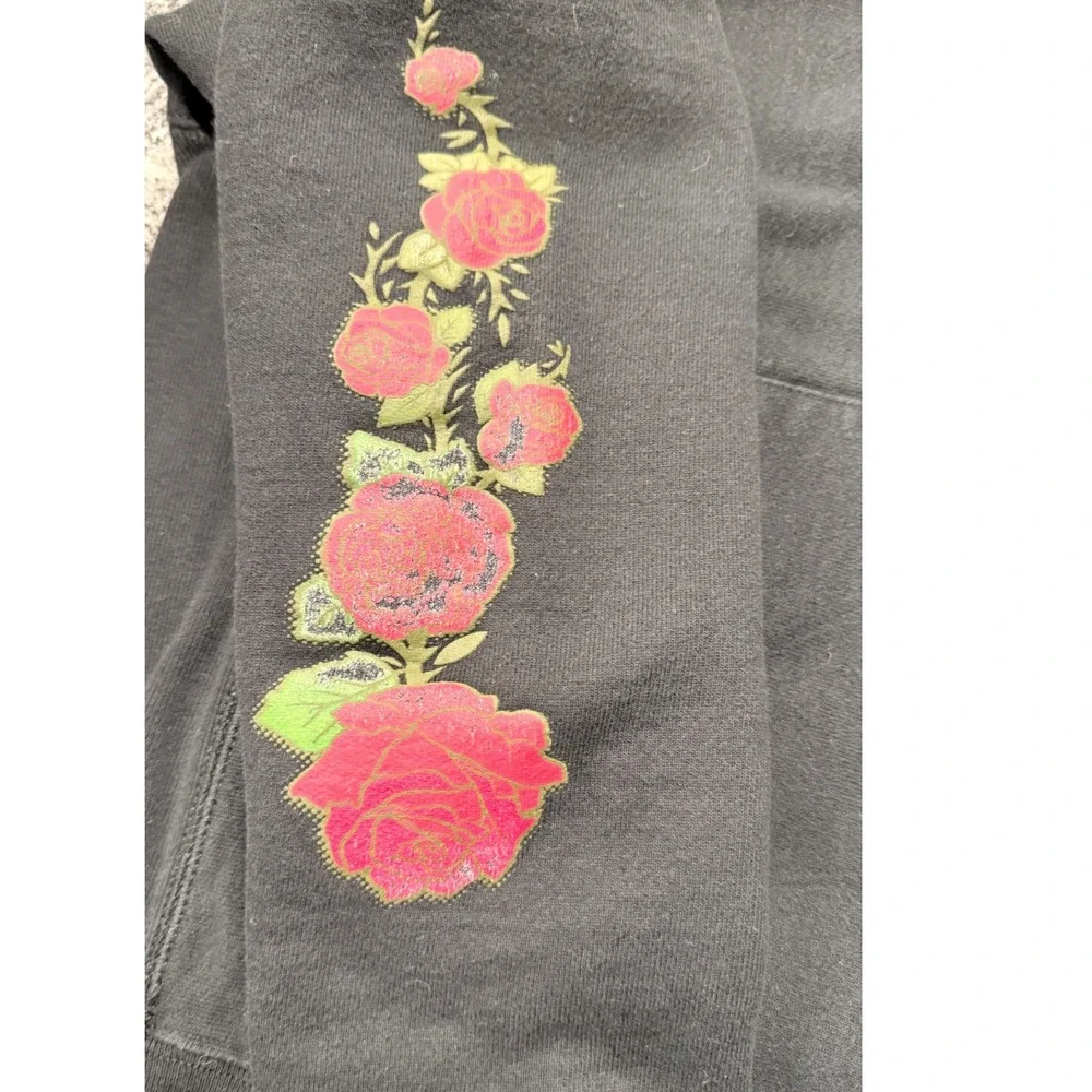 Y2K‎ Champion Reverse Weave Hoodie Sweatshirt Rose Floral Print Black Medium
